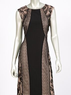 Joseph Ribkoff Black and Beige Lace-Panel Midi Dress